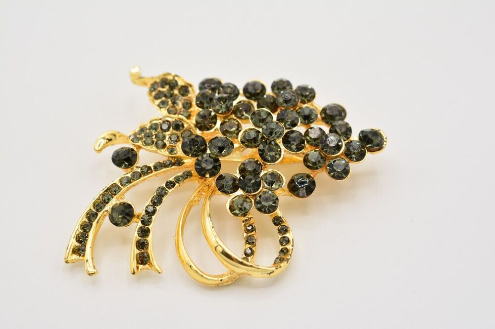Vintage Floral Pin Brooch Gray Rhinestone Crystal Gold Tone Shiny Y2K BinAC